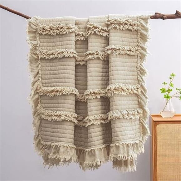 Ultra Soft Pre-Washed Quilted Boho Throw Blanket, Ruffle Fringed Beige - Picture 8 of 8